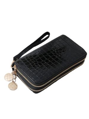 Stock Preferred Women's Double Zipper Pu Leather Wallet Wristlet Purse Clutch Handbag In Black