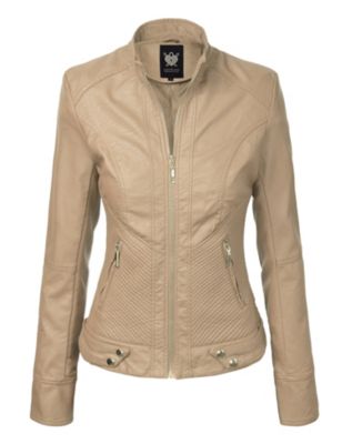 Haute Edition Women's Made By Johnny Slim Fit Faux Leather Moto Jacket With Gold Tone Zips & Buttons
