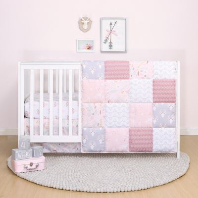 The Peanutshell Pink Floral Woodland Animal Crib Bedding Set For Baby Girls, 3 Piece Nursery Set