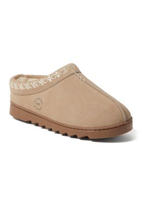 Dearfoams Women's Doreen Genuine Suede Clogs with Embroidery, Sand, 7M