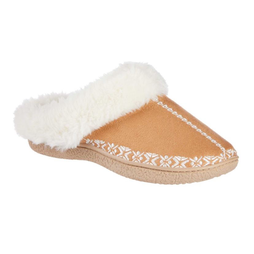Womens Embroidered Microsuede Clara Clog Slippers with Memory Foam and Indoor/Outdoor Sole