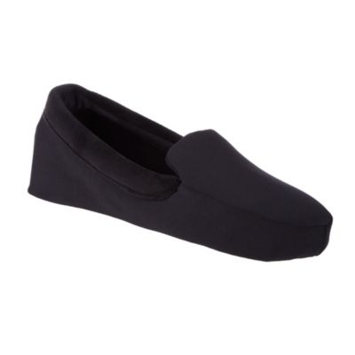 Isotoner Women's Spandex and Velour Detailed Ivy Moccasin Slippers with Genuine Suede Sole, Black, Large
