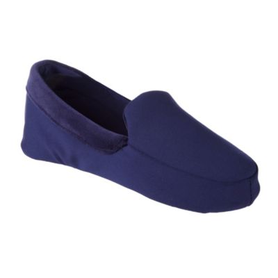 Isotoner Women's Spandex and Velour Detailed Ivy Moccasin Slippers with Genuine Suede Sole, Navy Blue, Small