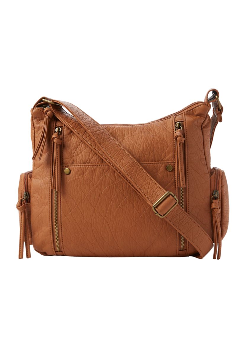  Elephant Textured Washed Double Top Zip Multi Pocket Hobo Bag