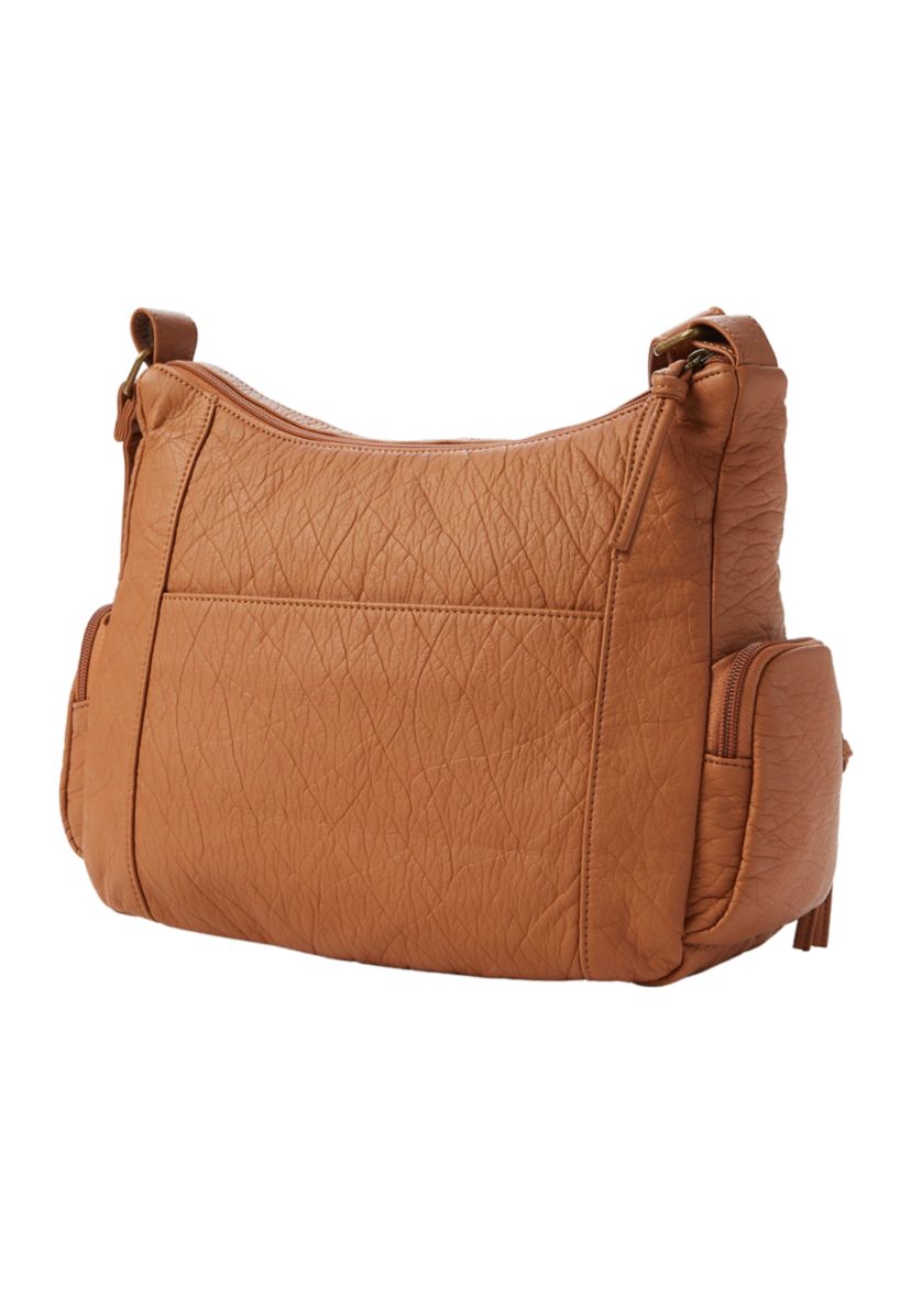  Elephant Textured Washed Double Top Zip Multi Pocket Hobo Bag