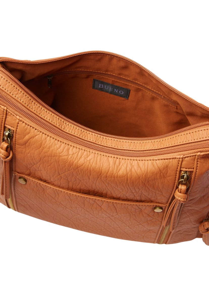  Elephant Textured Washed Double Top Zip Multi Pocket Hobo Bag