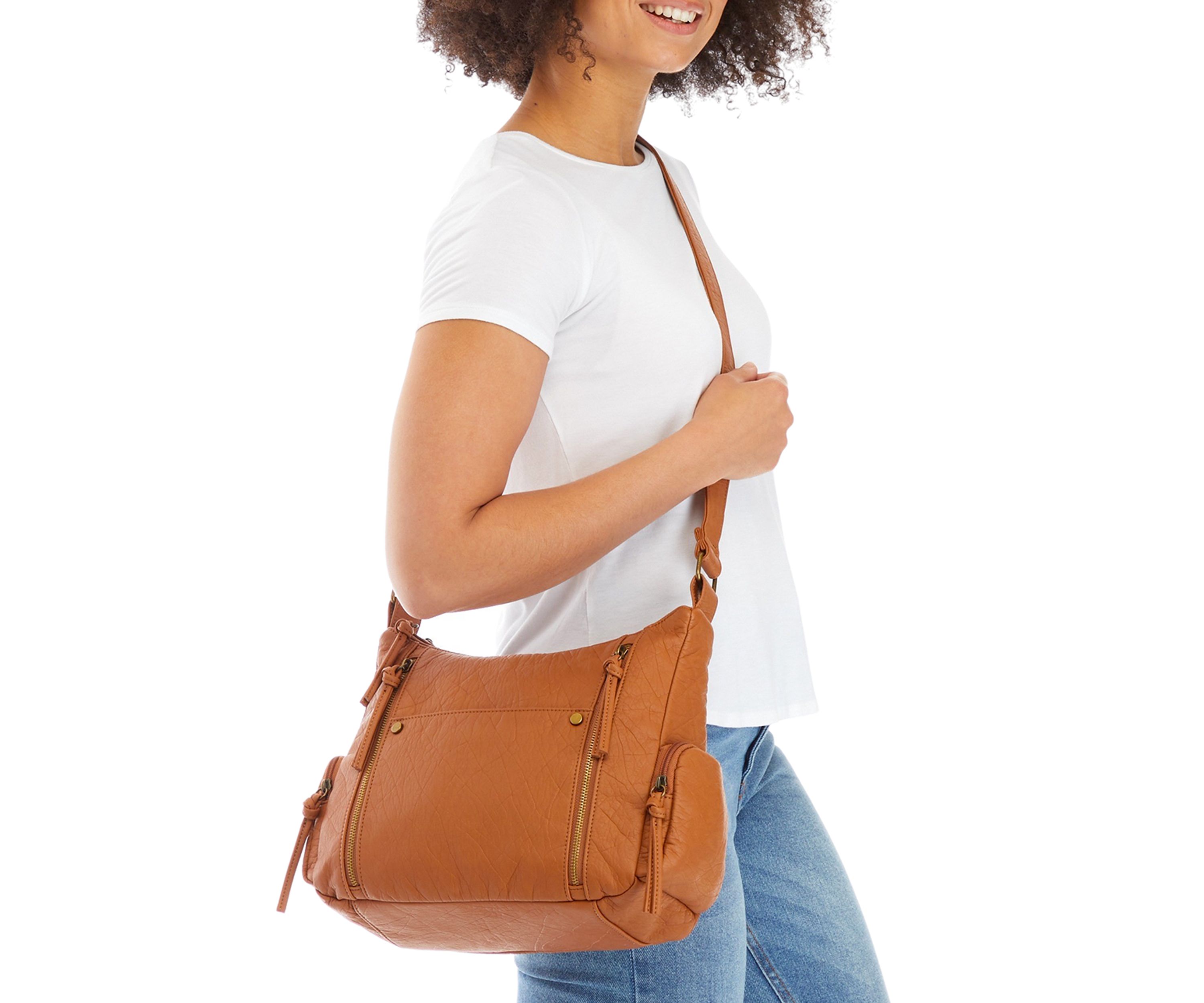  Elephant Textured Washed Double Top Zip Multi Pocket Hobo Bag