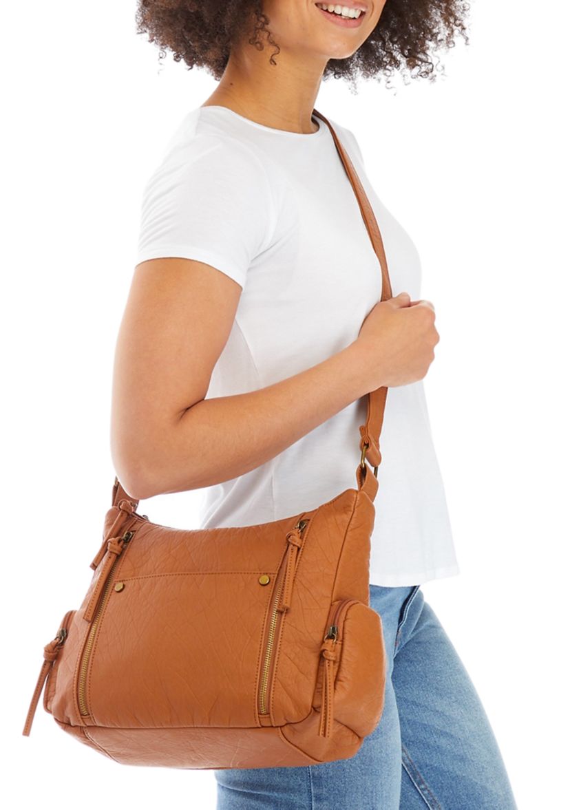  Elephant Textured Washed Double Top Zip Multi Pocket Hobo Bag