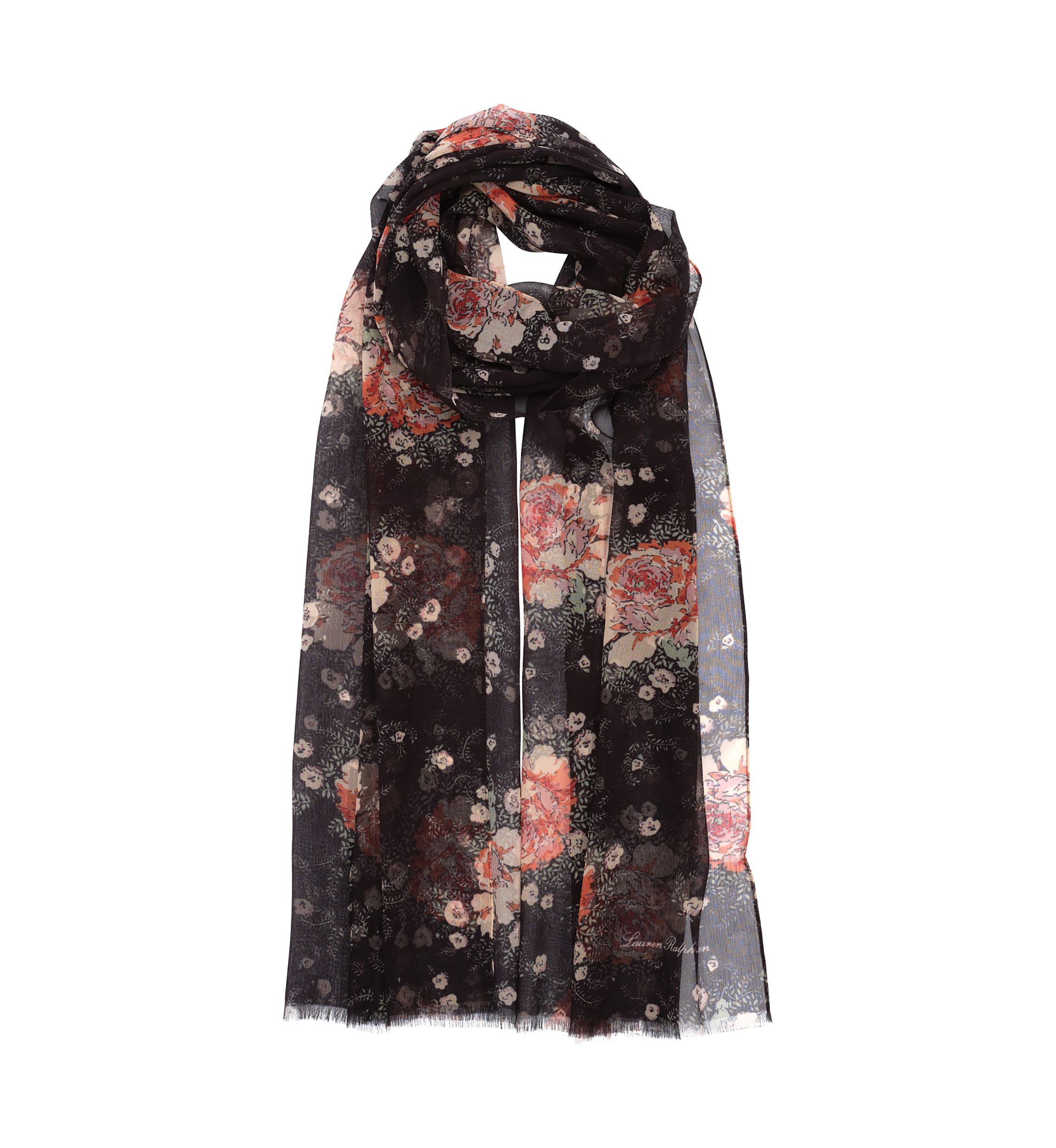 Rose Floral Oblong Scarf with Tiered Ruffles 