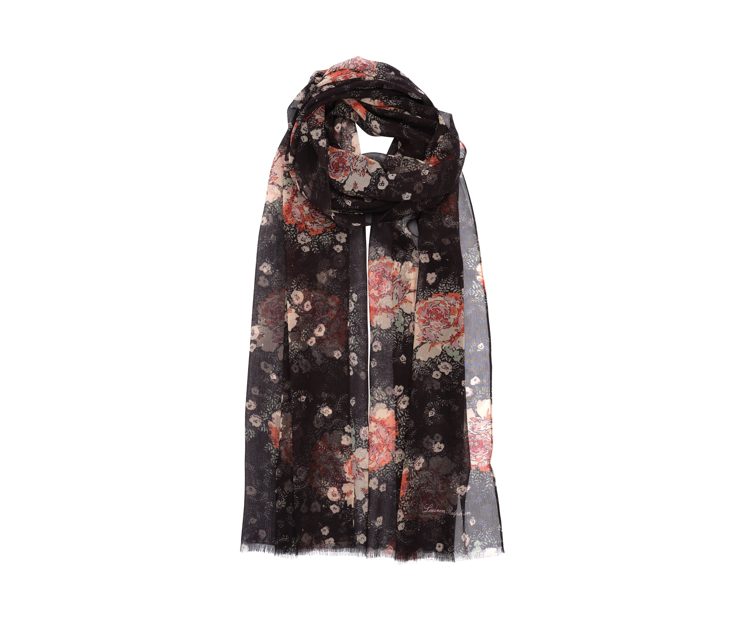 Rose Floral Oblong Scarf with Tiered Ruffles 