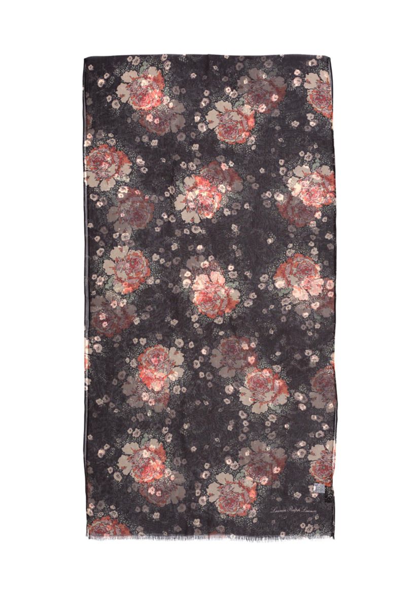 Rose Floral Oblong Scarf with Tiered Ruffles 