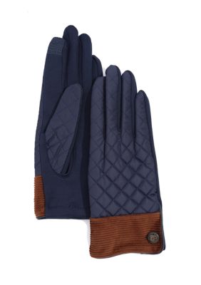 Lauren Ralph Lauren Women's Quilted Barn Gloves with Corduroy Cuff, Navy Blue, Large