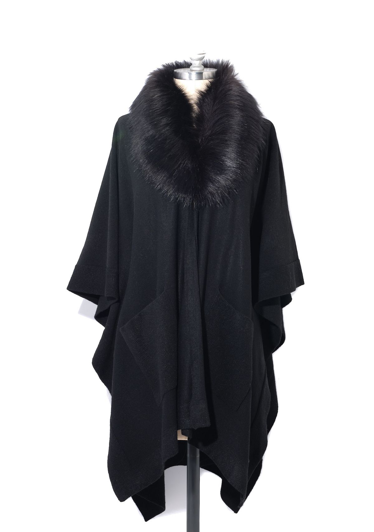 Knit Ruana with Detachable Faux Fur Collar