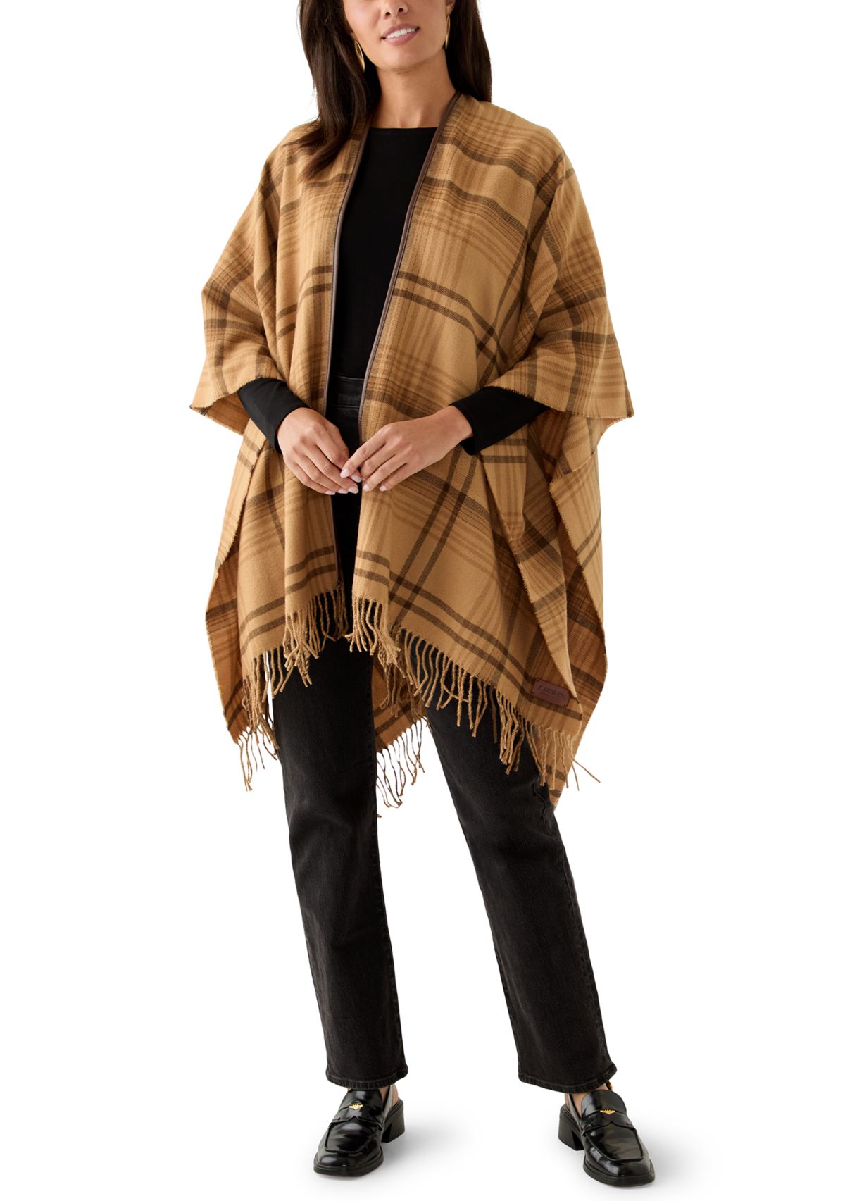 Womens Plaid Ruana with Fringe