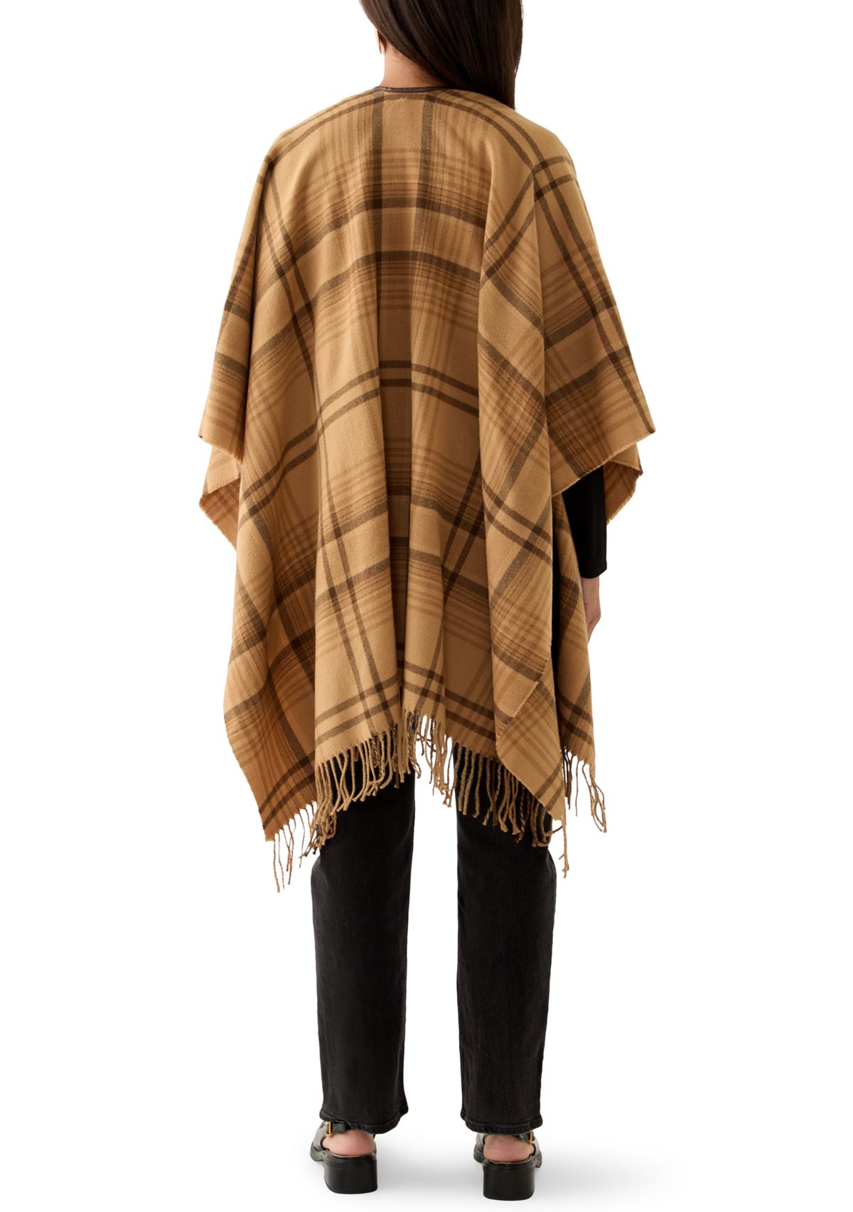 Womens Plaid Ruana with Fringe