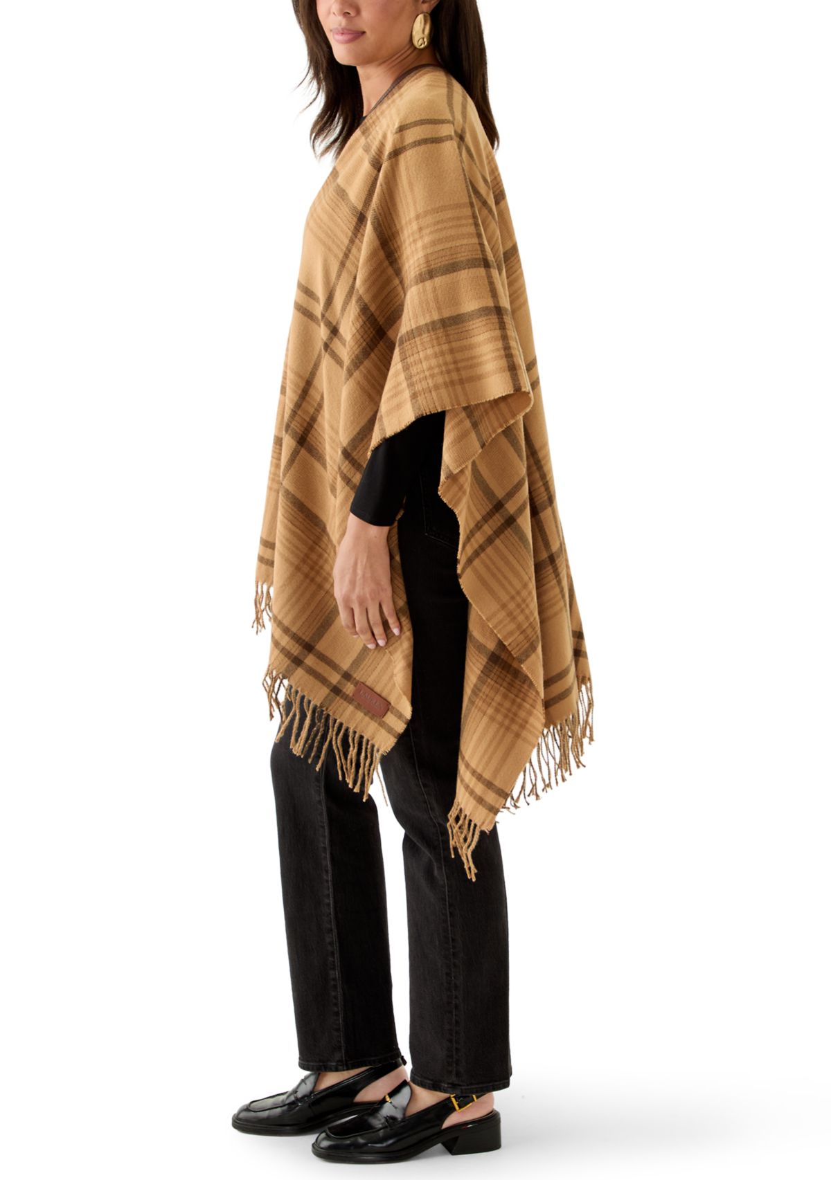Womens Plaid Ruana with Fringe