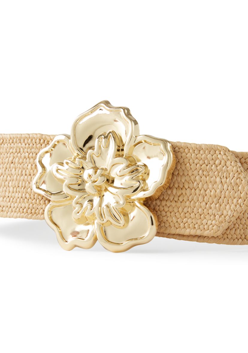 Gold Flower Buckle Elastic Waist Belt with Brown Leather Accents Amazon.com: Cynthia Rowley GOLD FLOWER BUCKLE BELT  main image 4