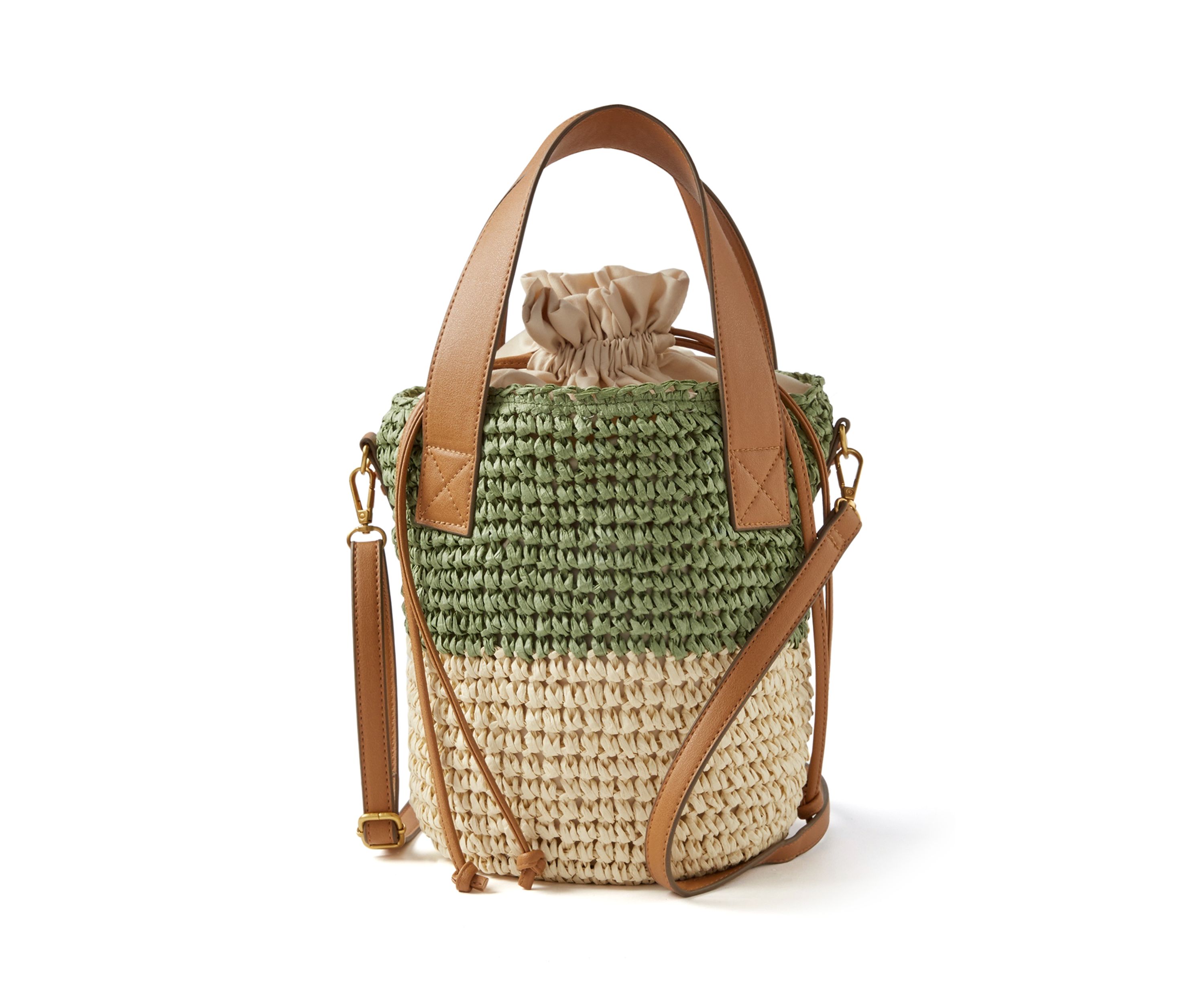 Straw Bucket Bag with Contrasting Trim