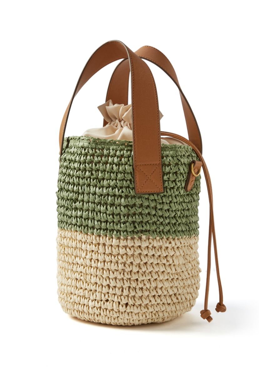 Straw Bucket Bag with Contrasting Trim