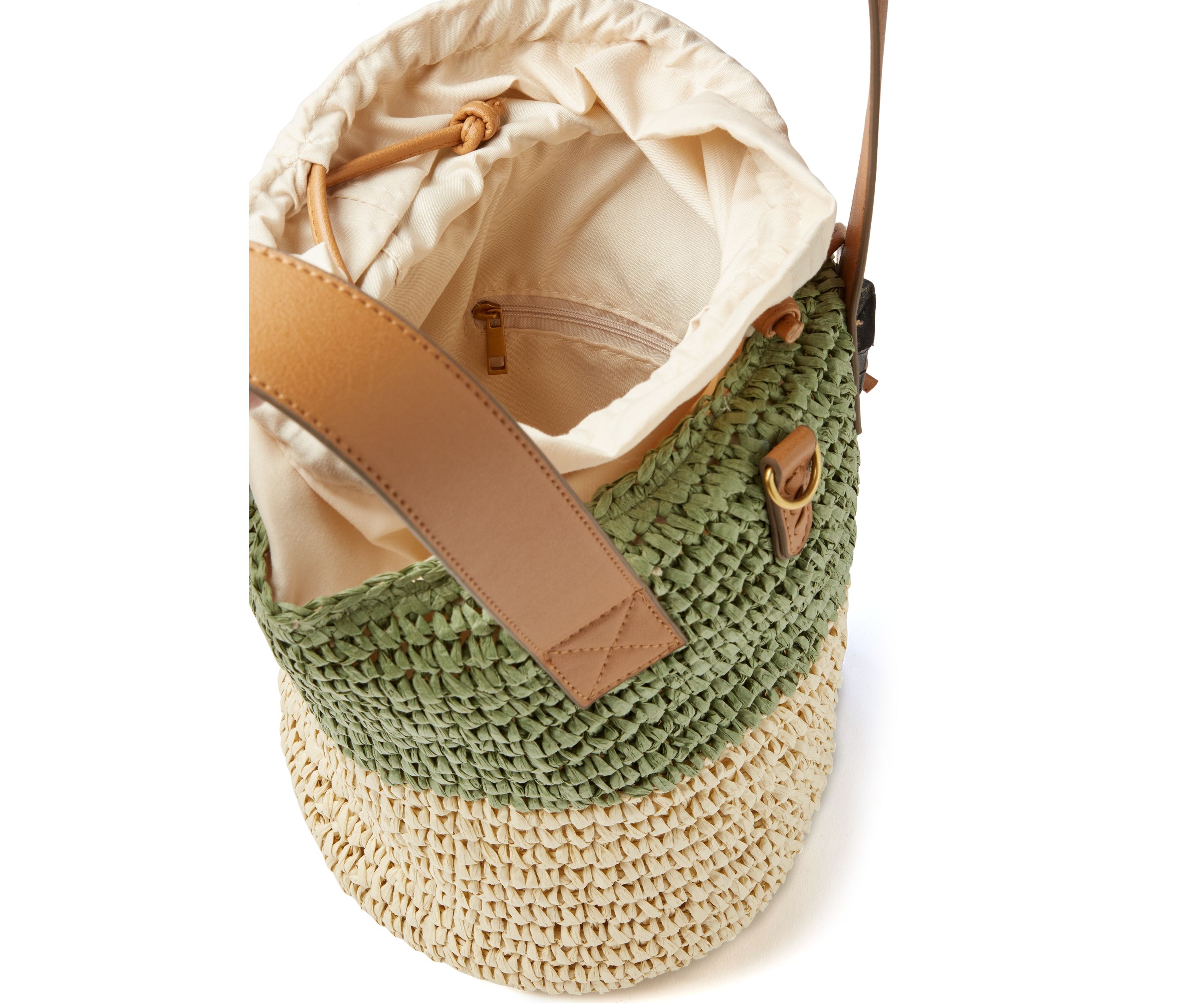 Straw Bucket Bag with Contrasting Trim