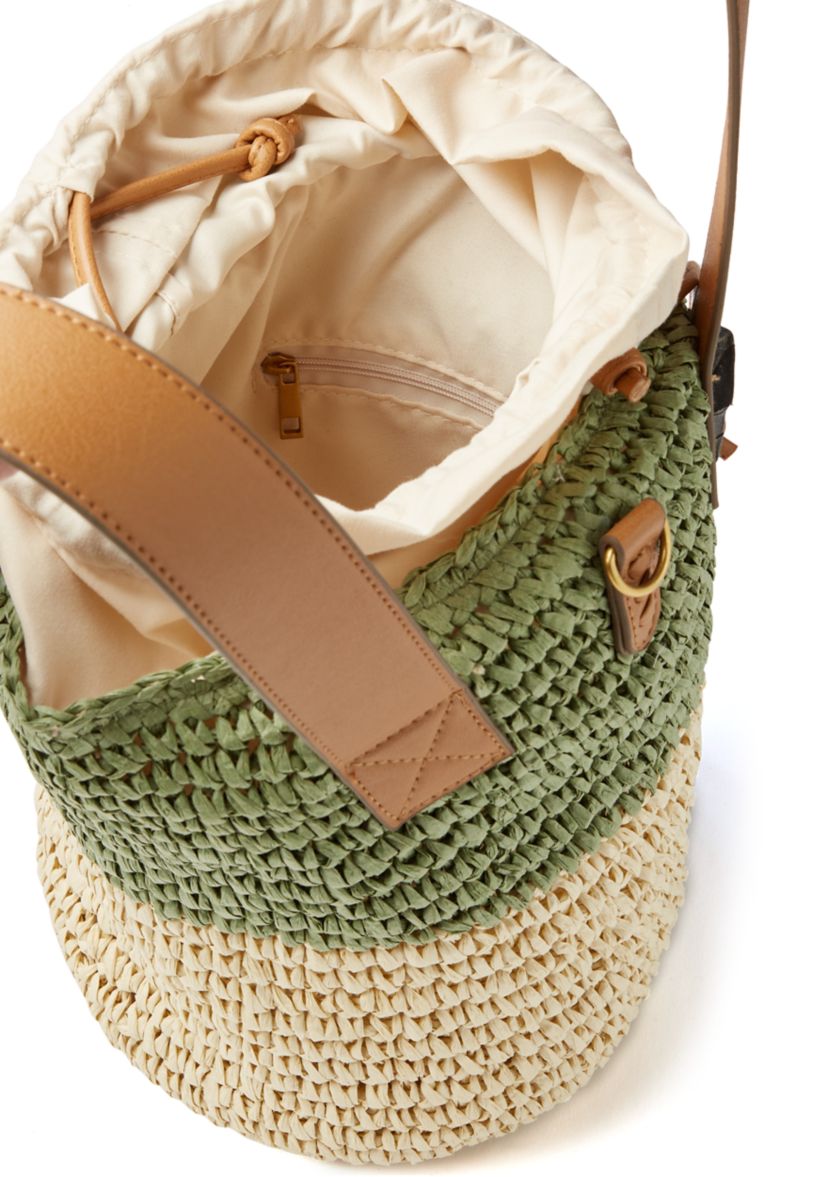 Straw Bucket Bag with Contrasting Trim
