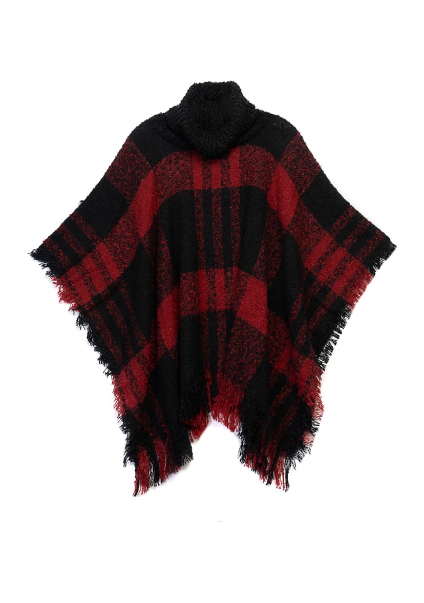 Womens Plaid Printed Ribbed Neck Bouclé Topper