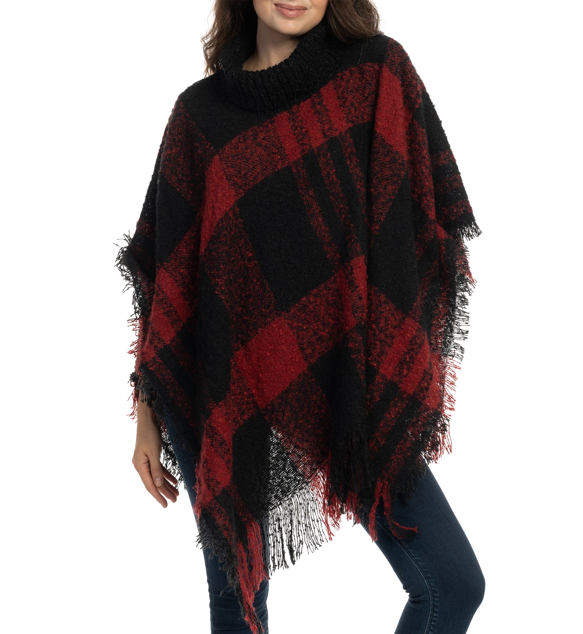 Womens Plaid Printed Ribbed Neck Bouclé Topper