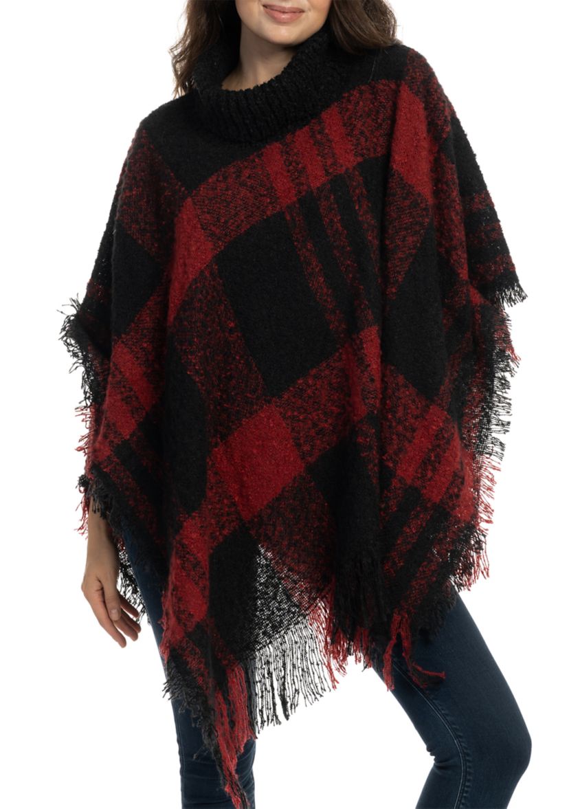 Womens Plaid Printed Ribbed Neck Bouclé Topper