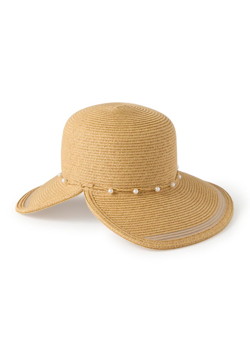 Pearl-Trim Yellow Women\'s Fashion Hat CC Wide Brim Sun Hat with Pearl Trim Band – Dales Clothing  main image 2