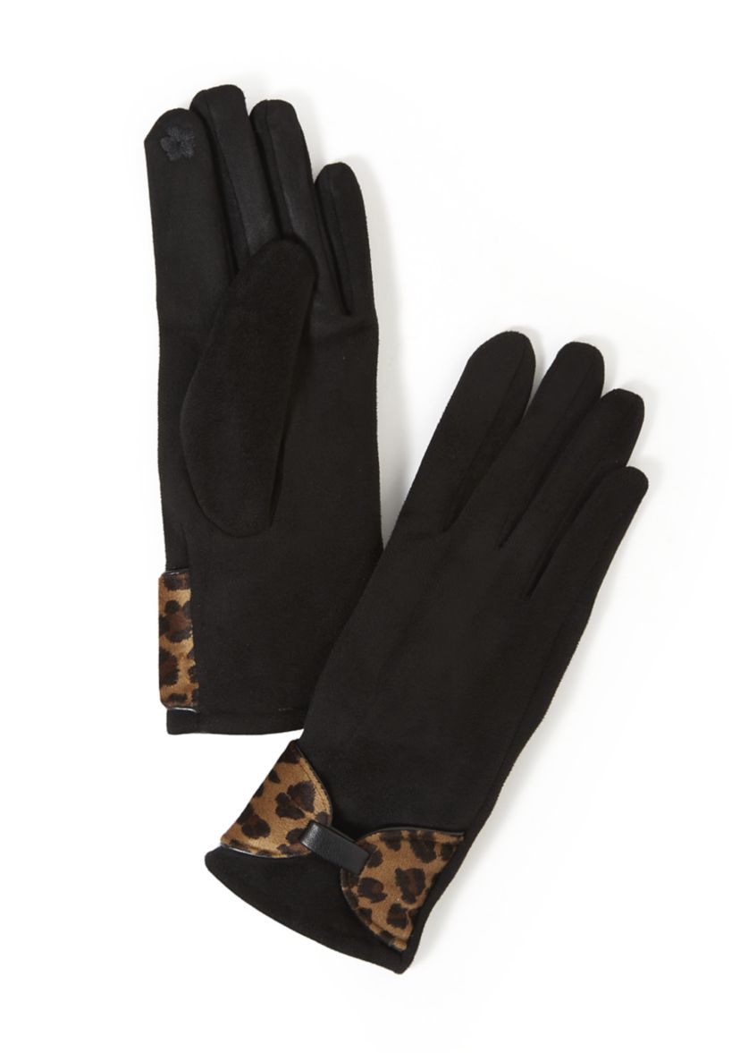 Womens Faux Suede Leopard Print Bow Detail Glove