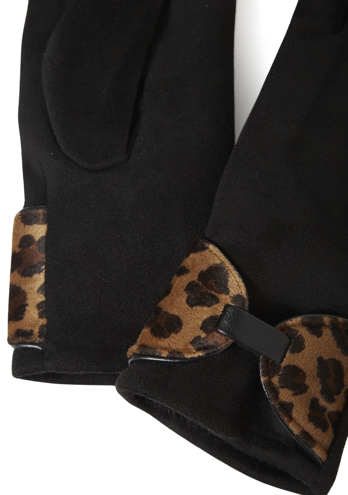 Womens Faux Suede Leopard Print Bow Detail Glove