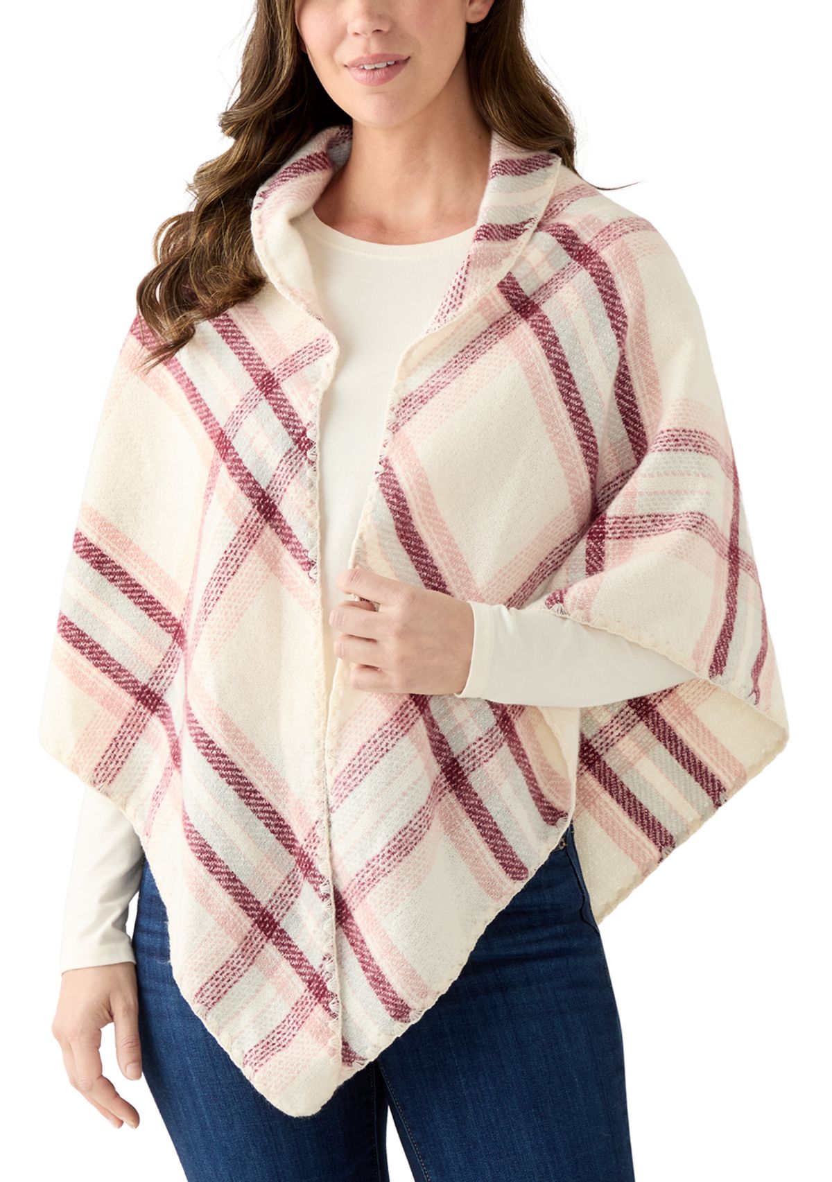 Womens Classic Plaid Triangle Wrap with Whipstitch