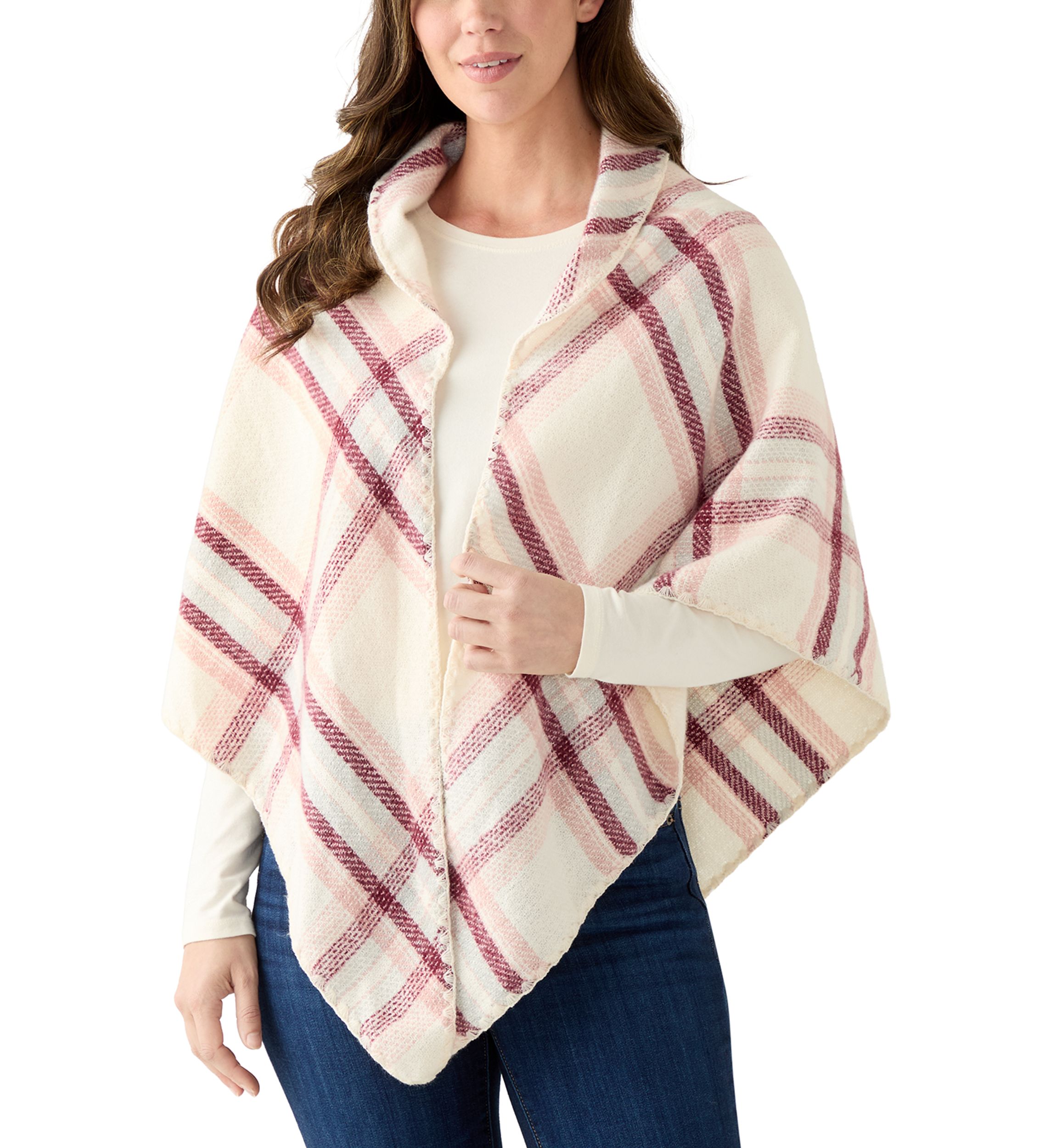 Womens Classic Plaid Triangle Wrap with Whipstitch