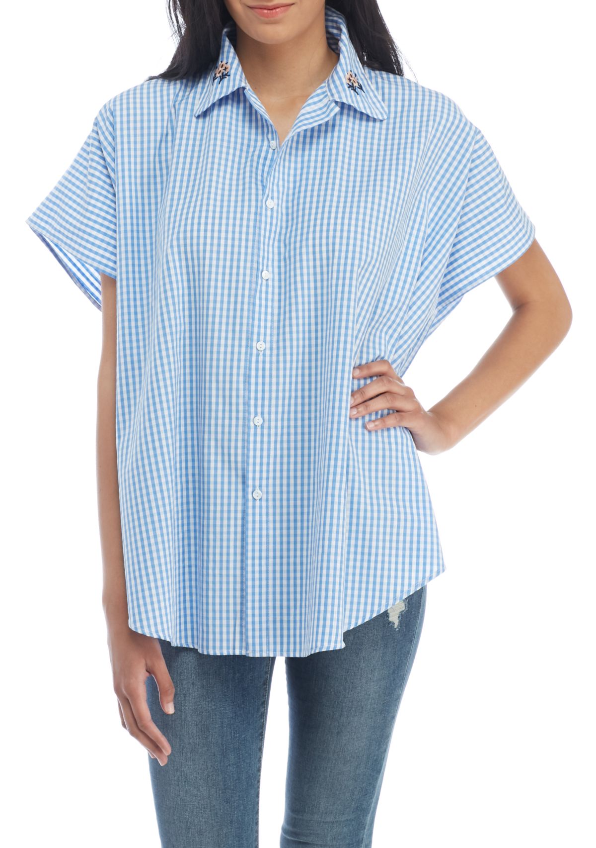 Embroidered Gingham Button Up Wrap 