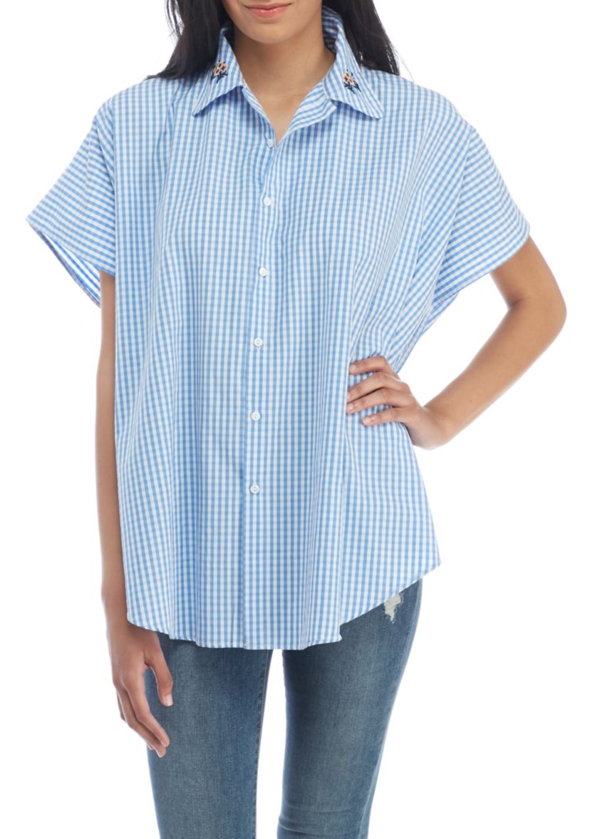 Embroidered Gingham Button Up Wrap 