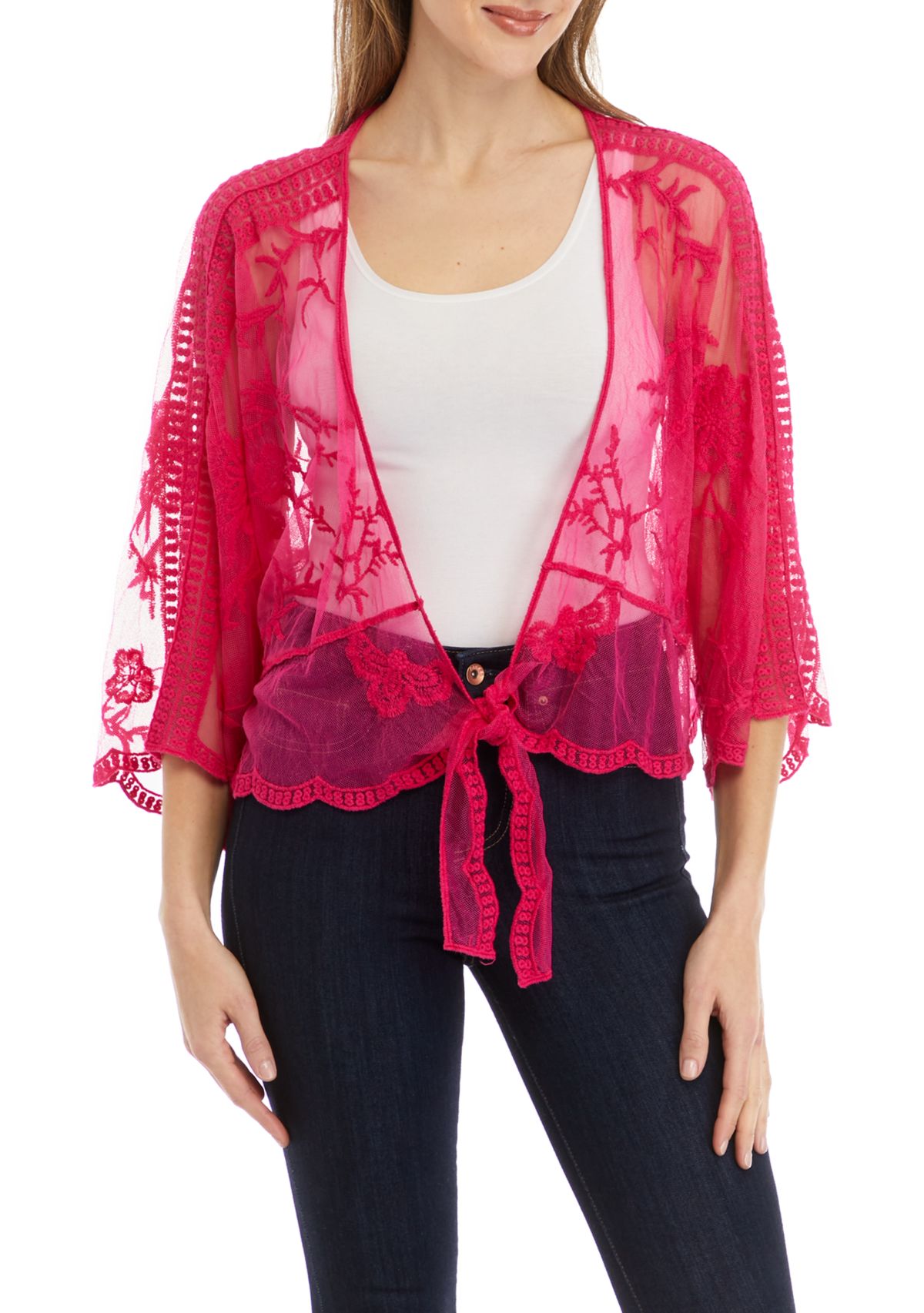 Womens Floral Lace Cropped Tie Front Topper