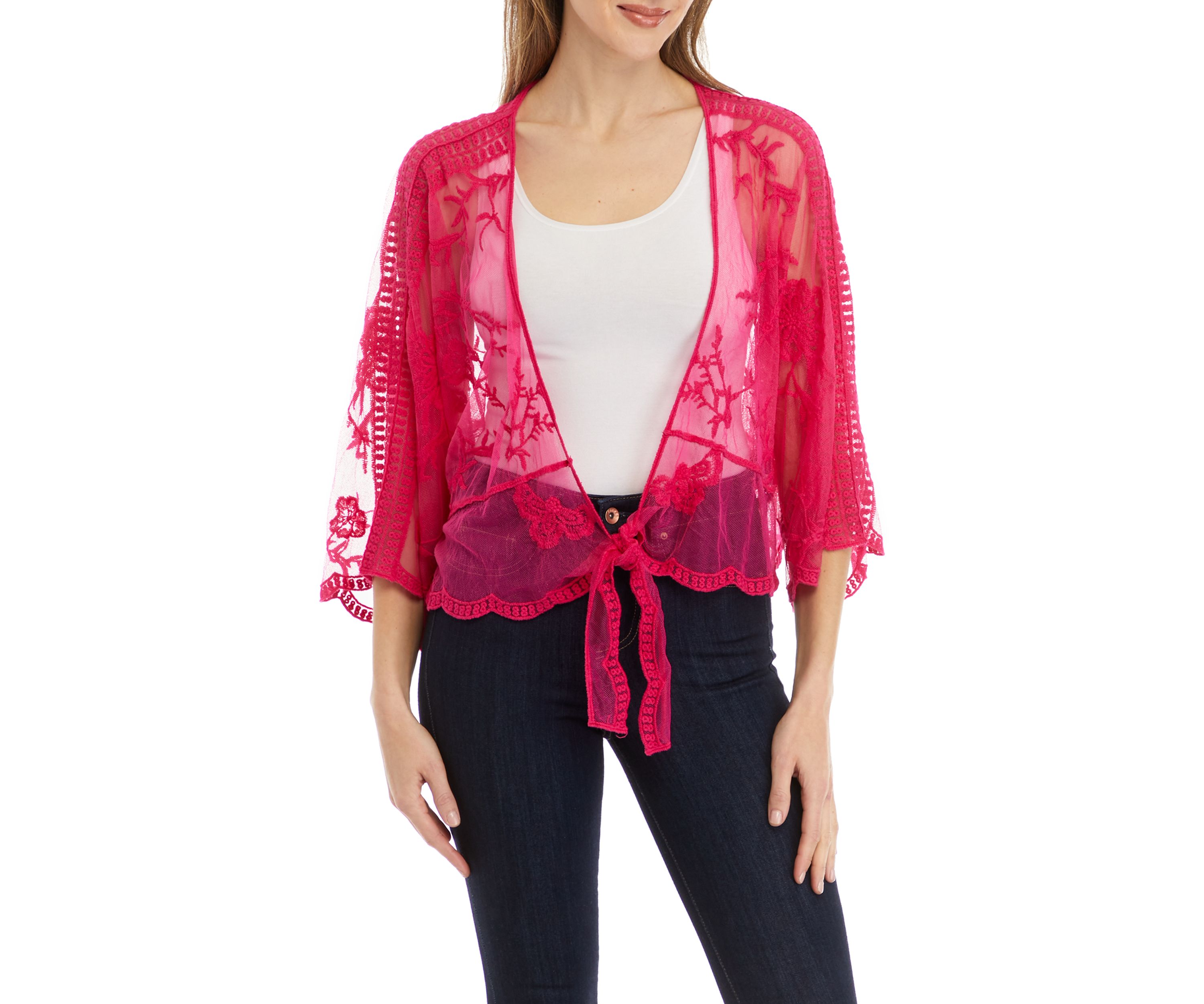 Womens Floral Lace Cropped Tie Front Topper