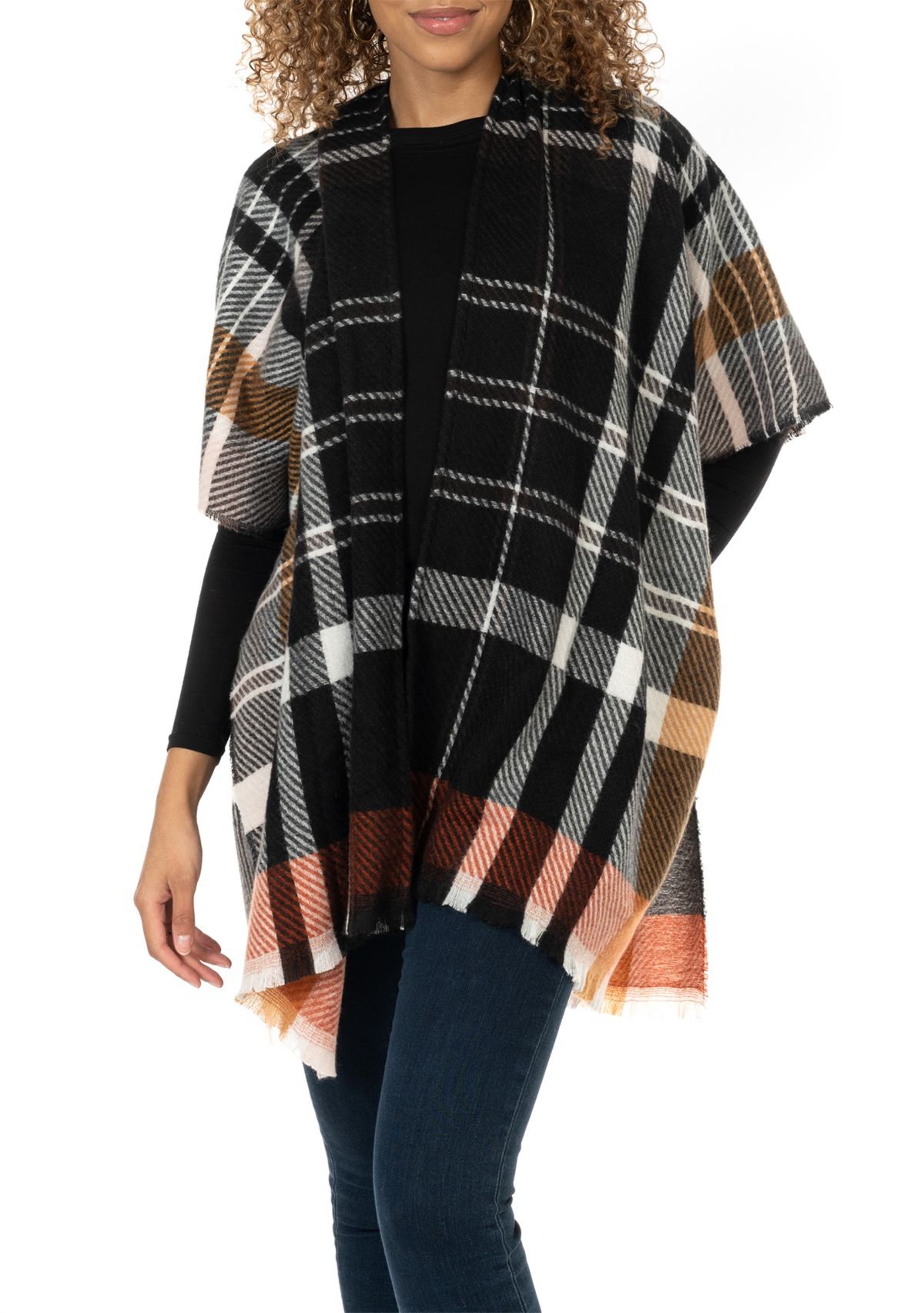 Womens Oversized Plaid Printed Feather Topper
