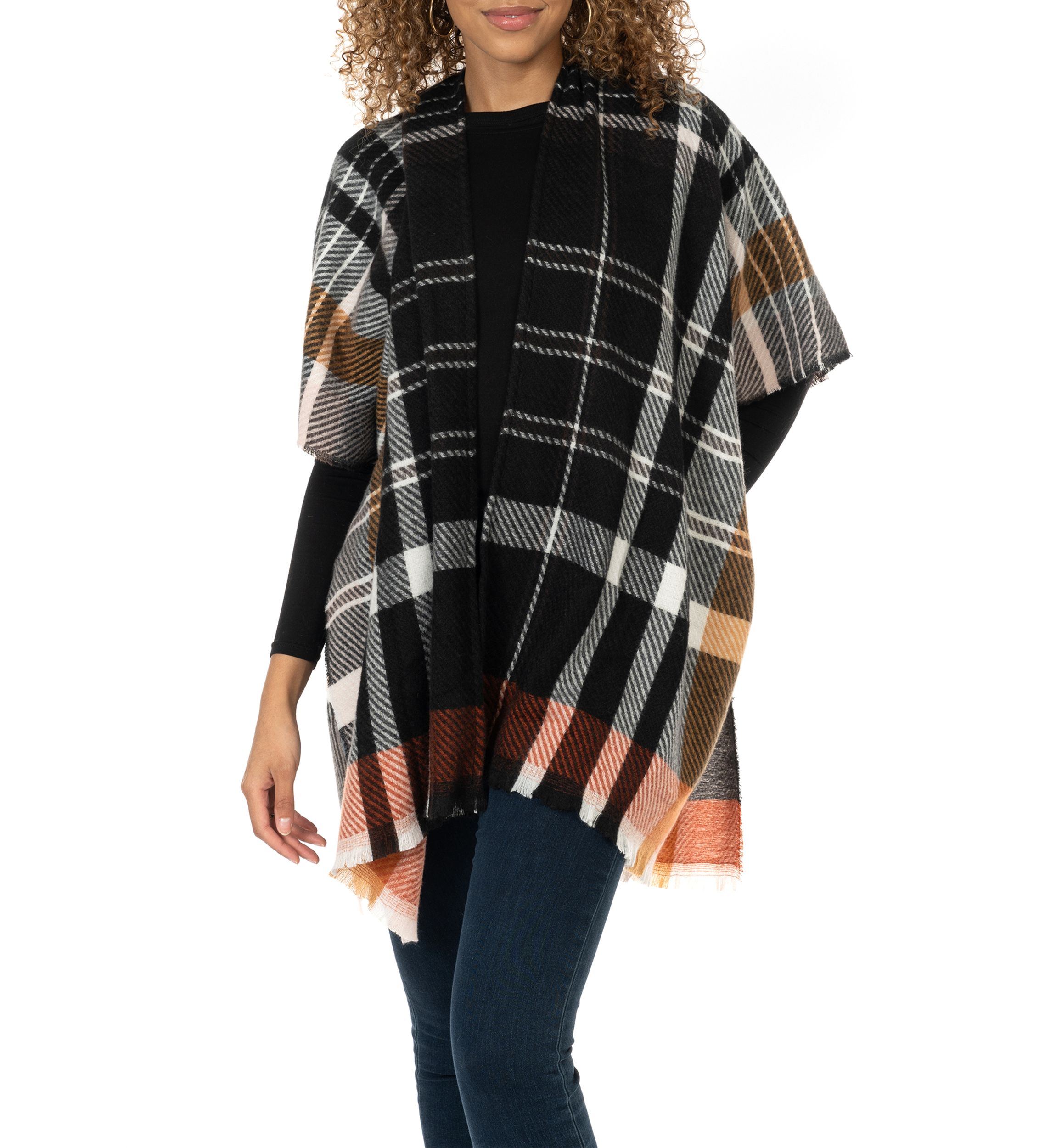 Womens Oversized Plaid Printed Feather Topper