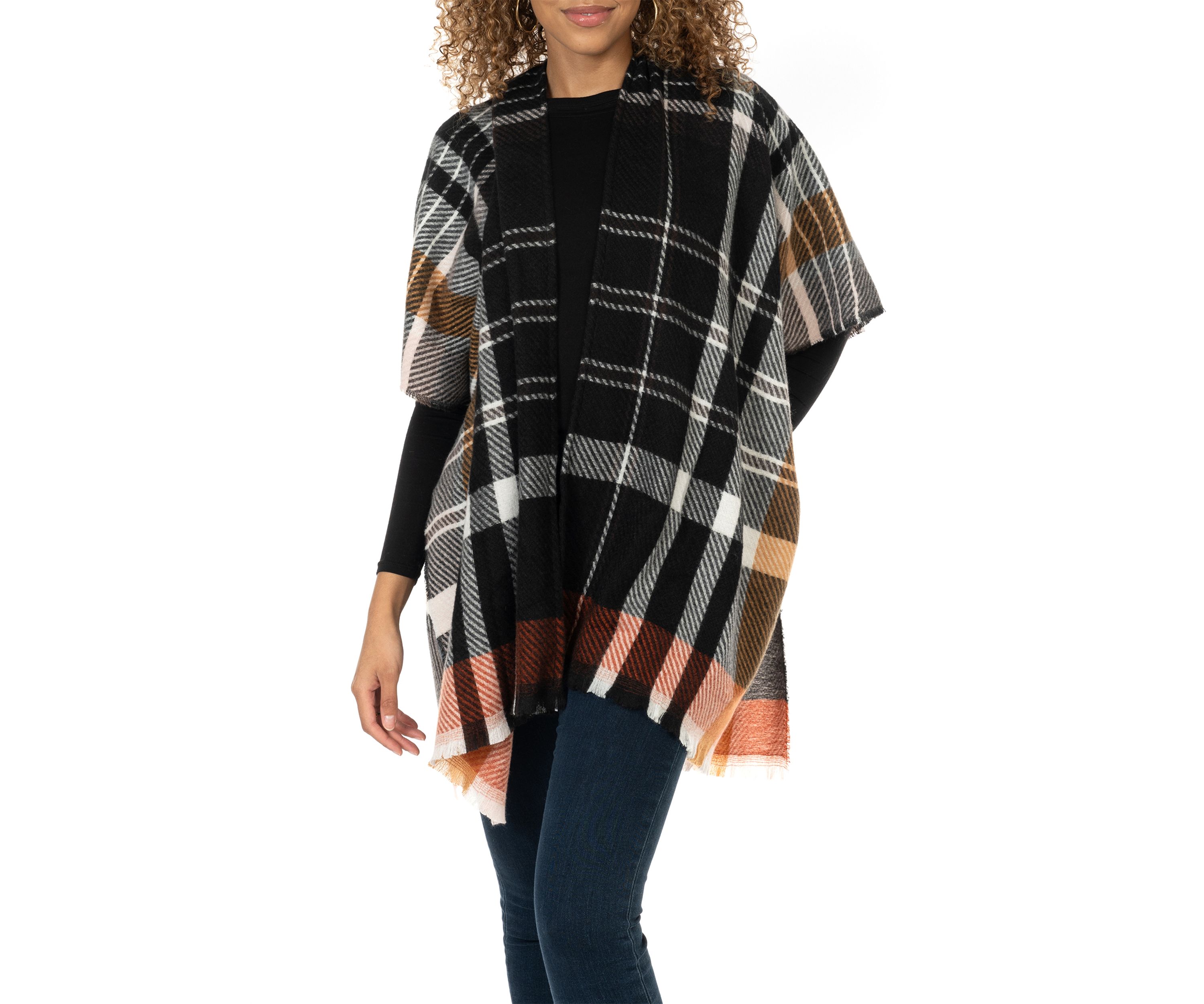Womens Oversized Plaid Printed Feather Topper