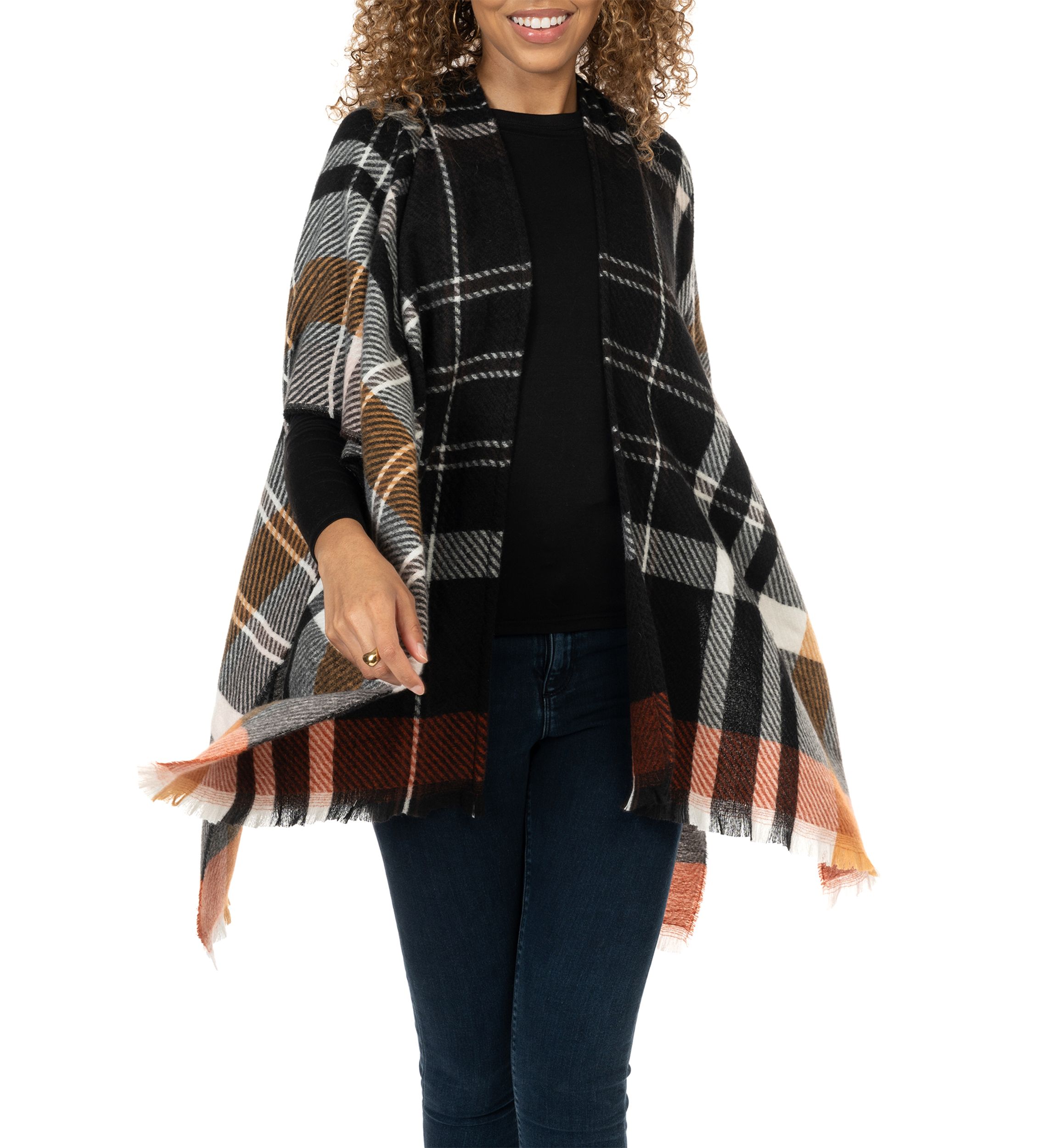 Womens Oversized Plaid Printed Feather Topper
