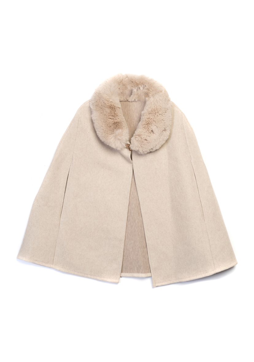 Womens Solid Faux Fur Collared Cape Topper