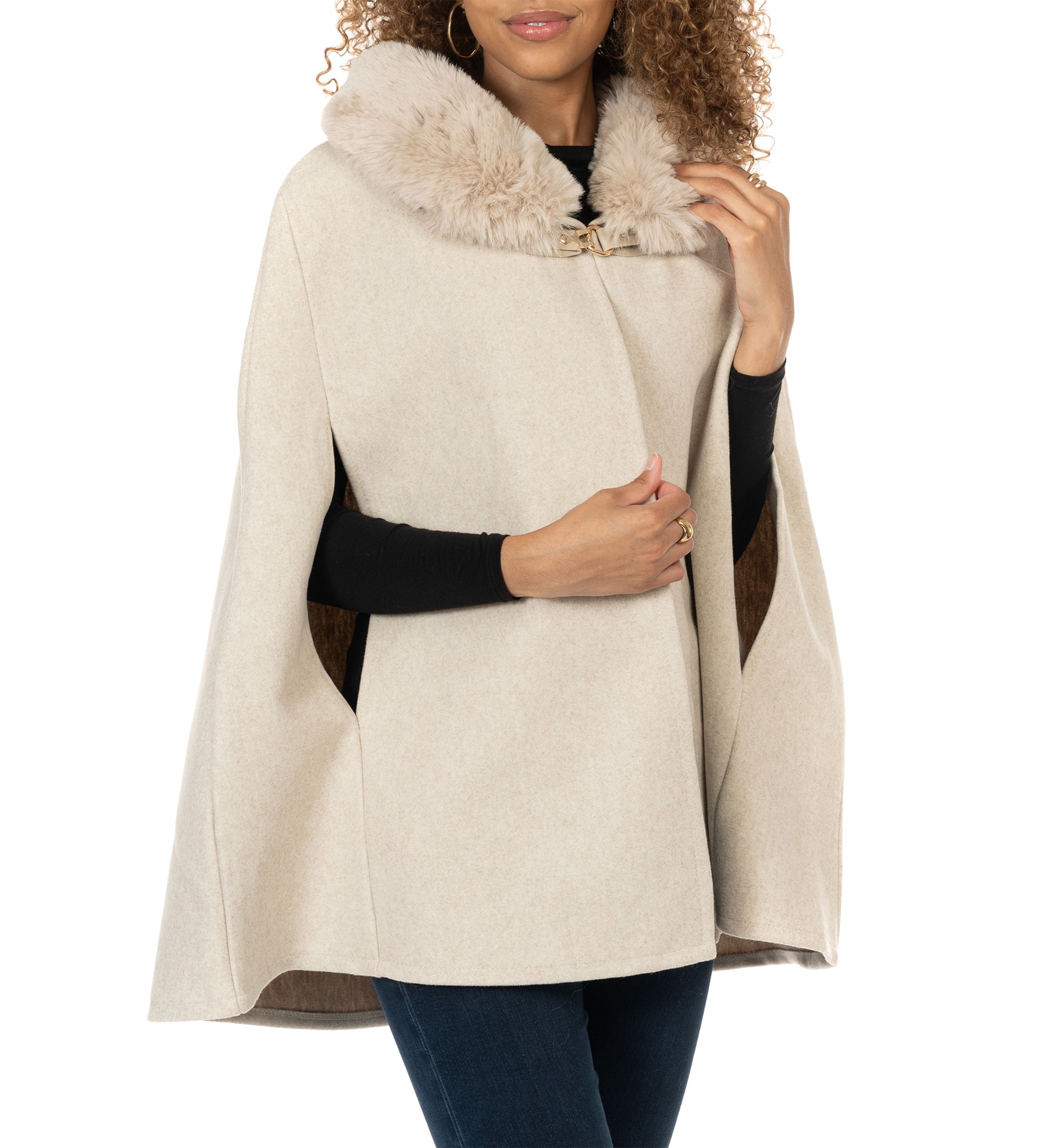 Womens Solid Faux Fur Collared Cape Topper