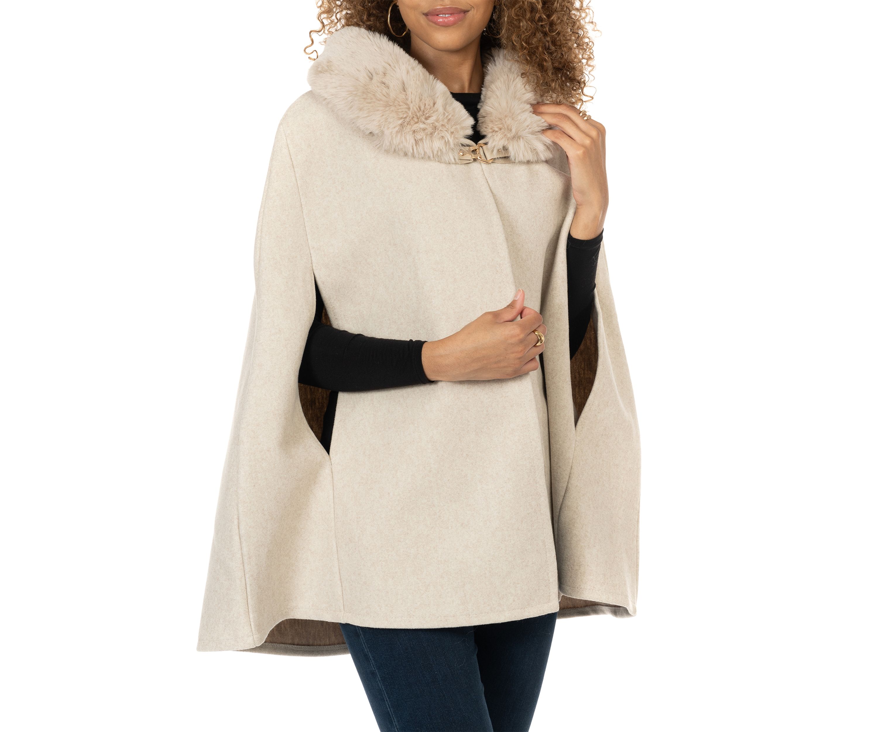Womens Solid Faux Fur Collared Cape Topper