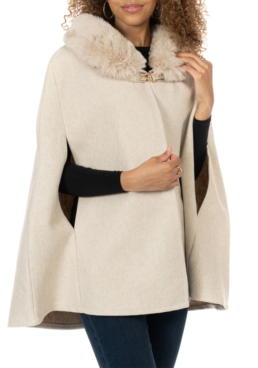 Womens Solid Faux Fur Collared Cape Topper