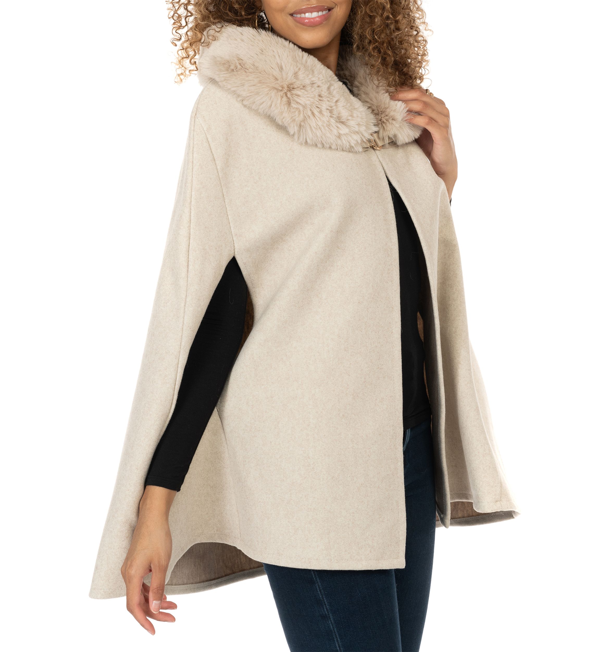 Womens Solid Faux Fur Collared Cape Topper