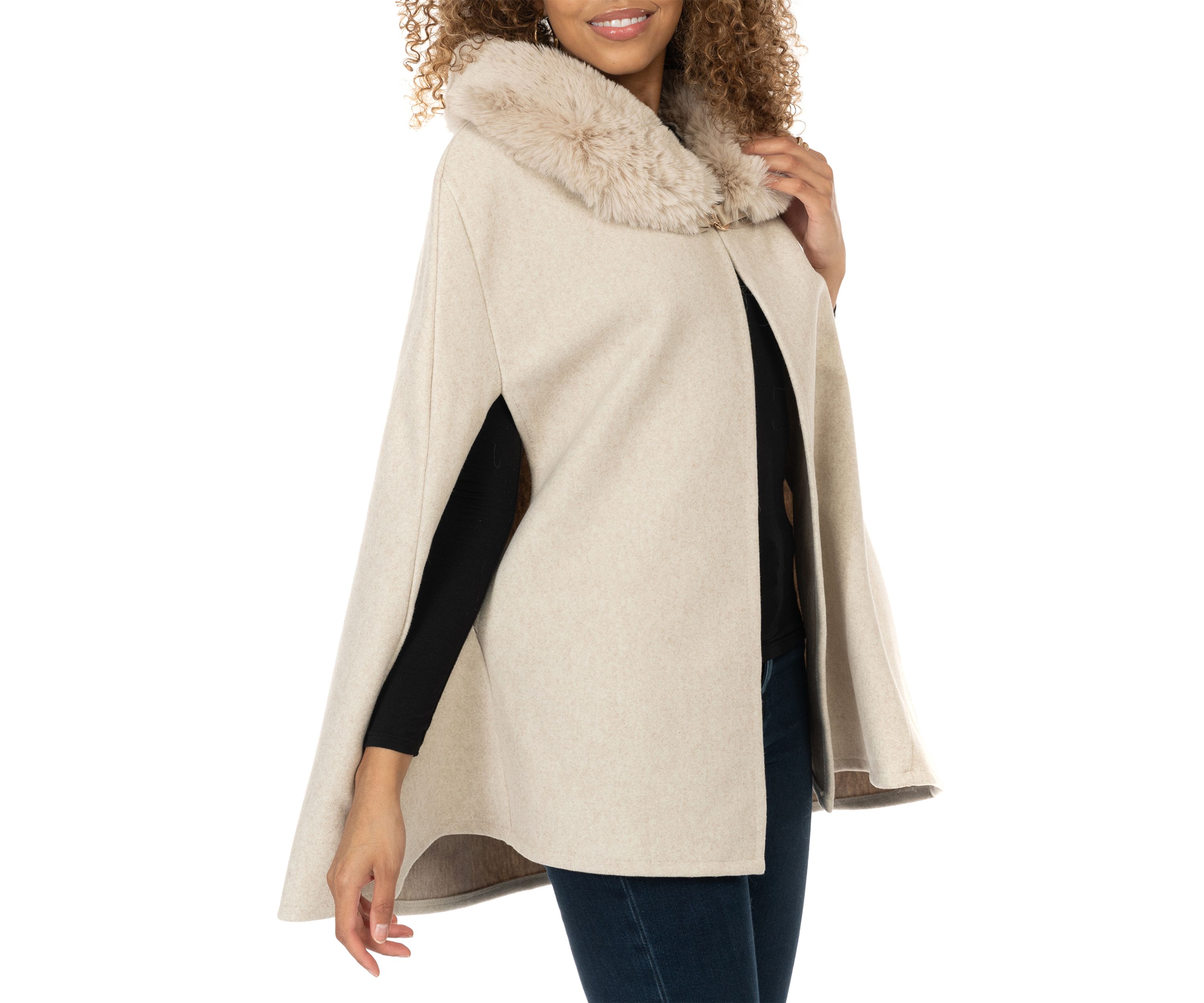 Womens Solid Faux Fur Collared Cape Topper