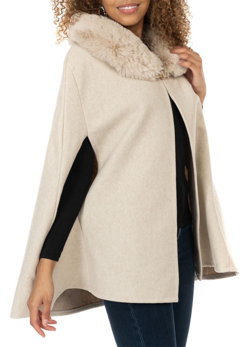 Womens Solid Faux Fur Collared Cape Topper