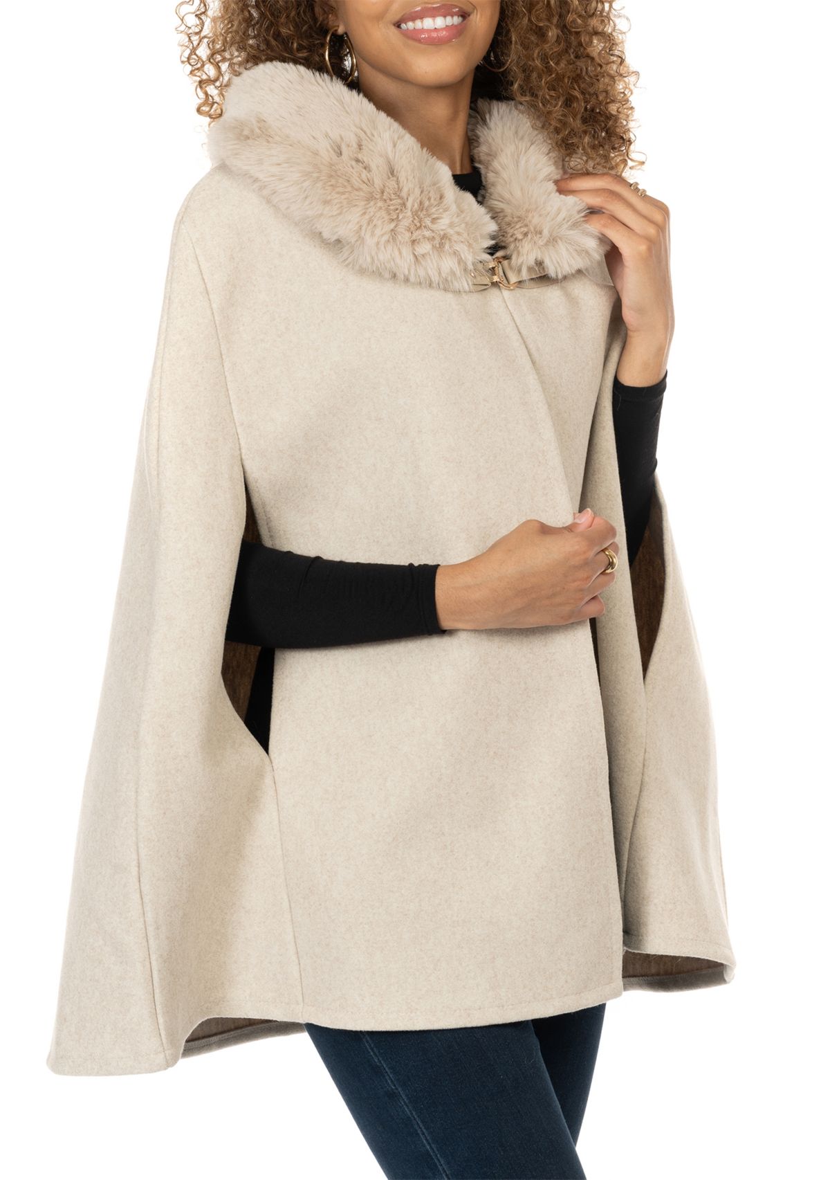 Womens Solid Faux Fur Collared Cape Topper