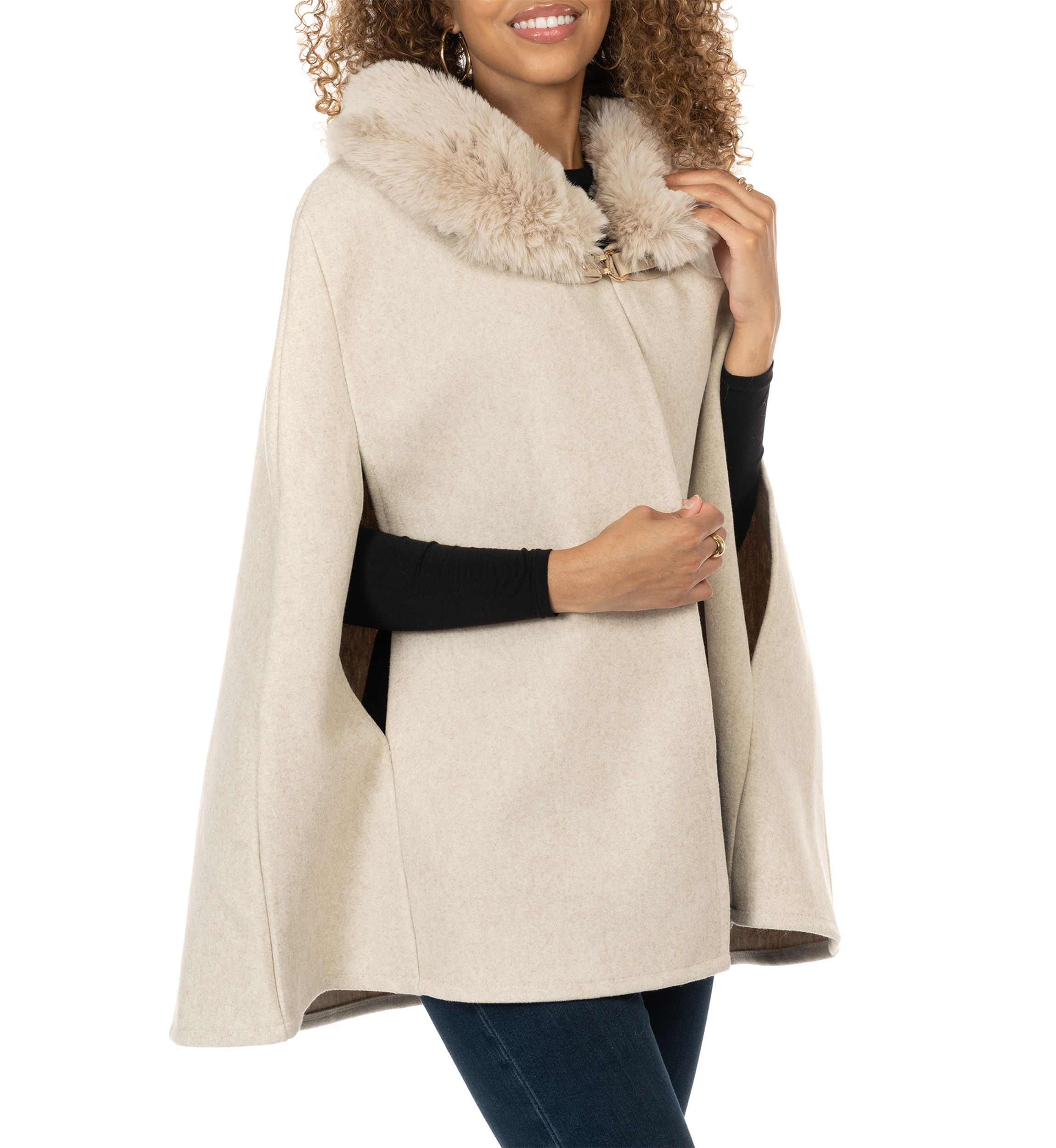 Womens Solid Faux Fur Collared Cape Topper